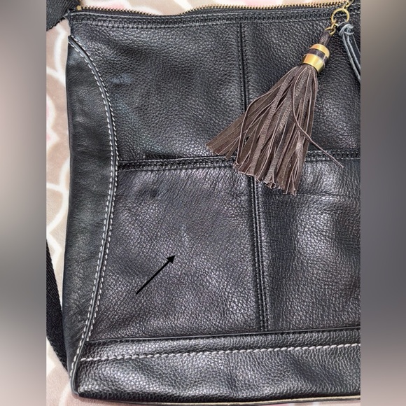 The Sak Black Genuine Leather Tassel Crossbody with Peace Print Interior - Picture 4 of 9